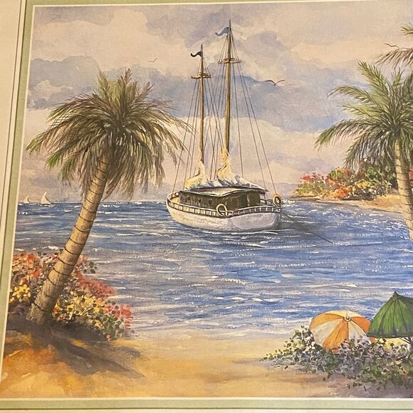 Tropical Beach Scene Litho Art Print By Jackie Sailboat VTG 1999 Scafa Art 20x16 - Picture 8 of 12